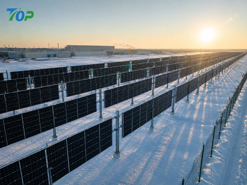 Vertical bifacial solar farm operating in snowy industrial environment with snow-shedding panel design