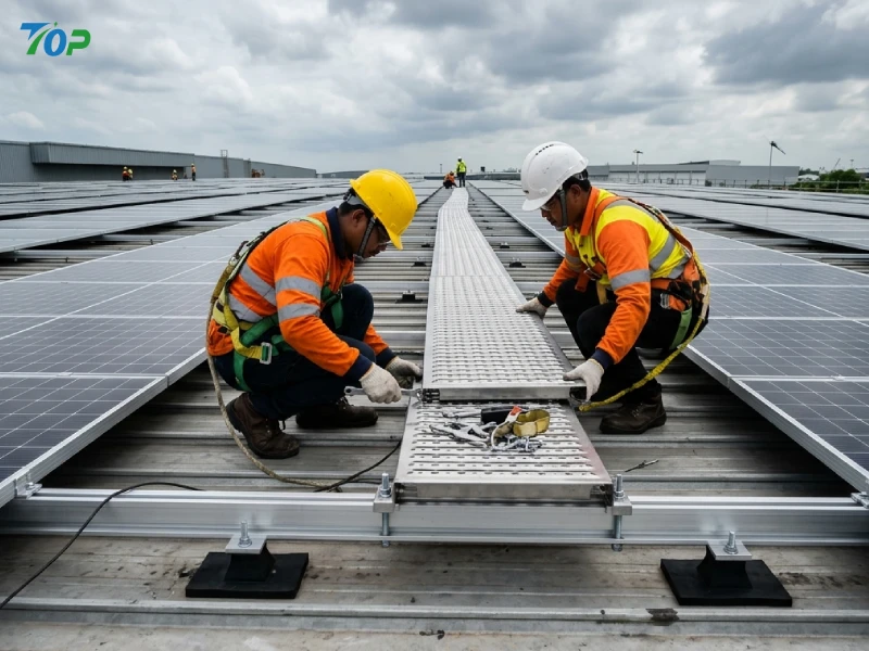 EPC technicians installing modular SUS304 solar walkway system between PV arrays on industrial rooftop with safety harness and clamp mounting system